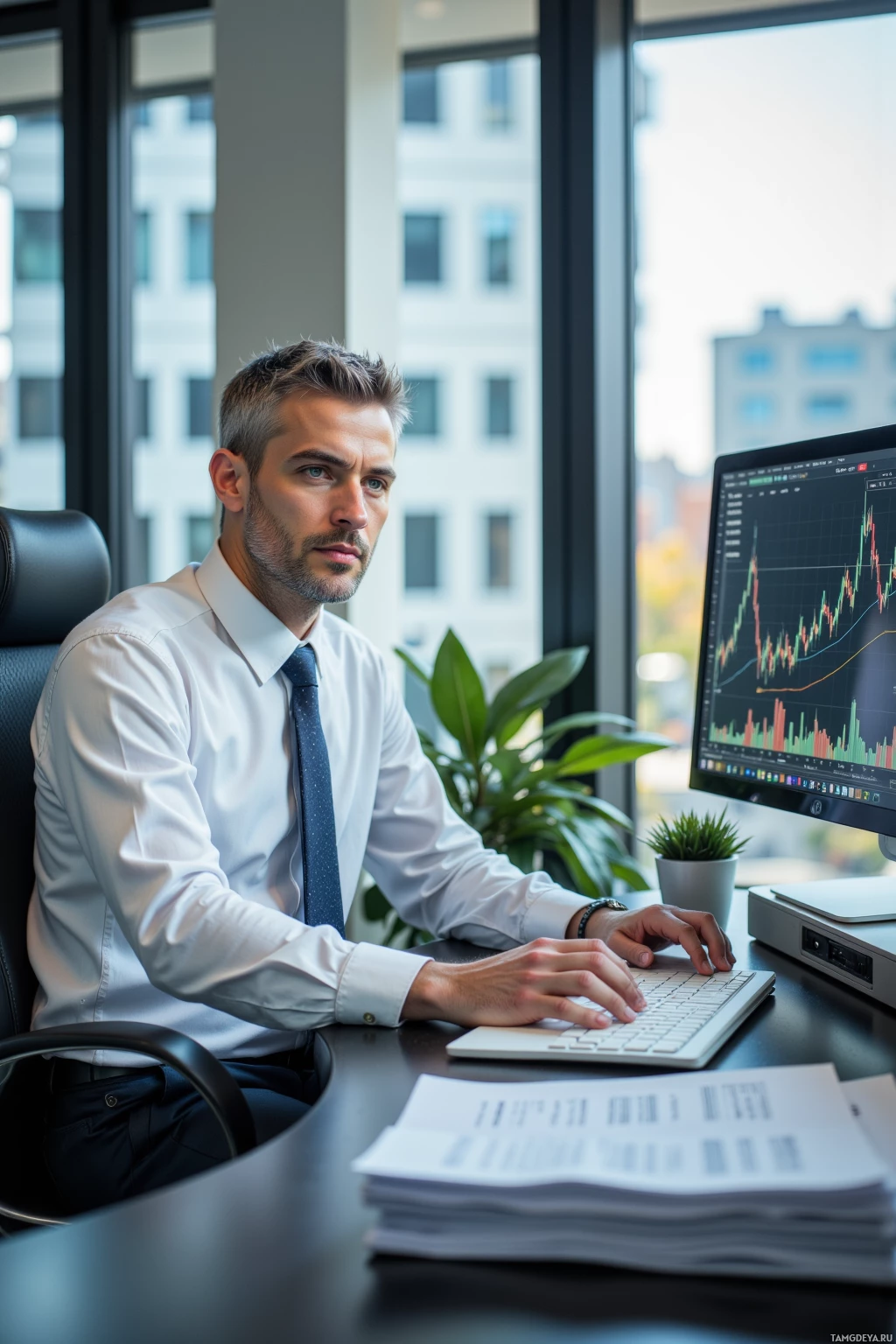 A man in a white shirt and tie works at a desk with a computer displaying a graph, surrounded by office decor.