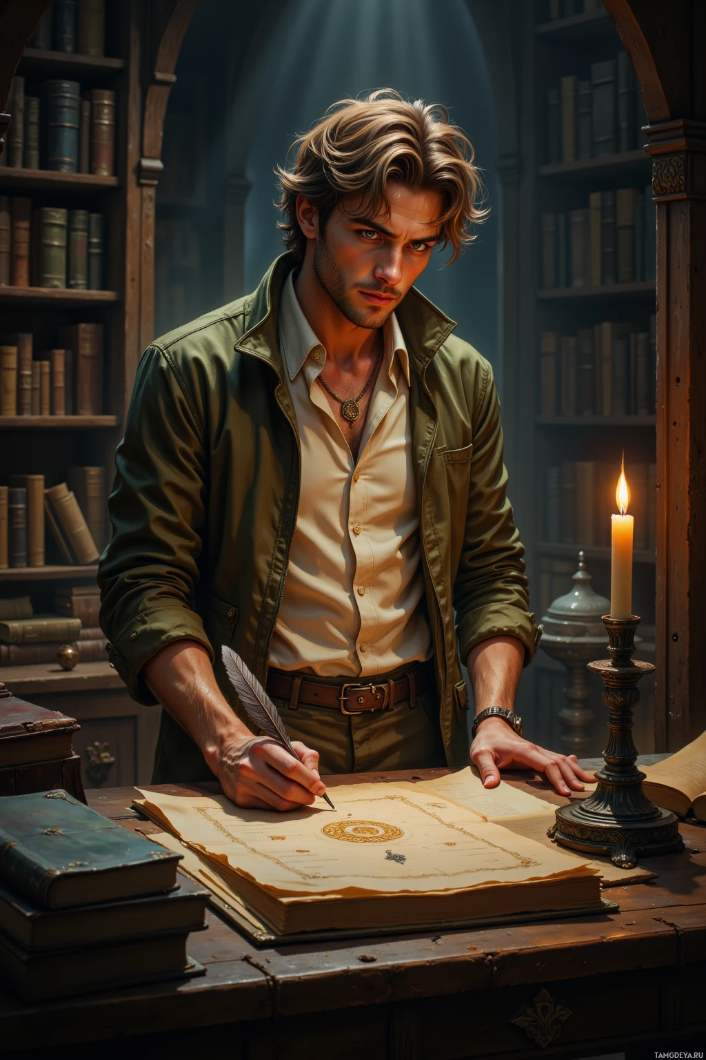 A man in a library setting, writing with a quill on a map.
