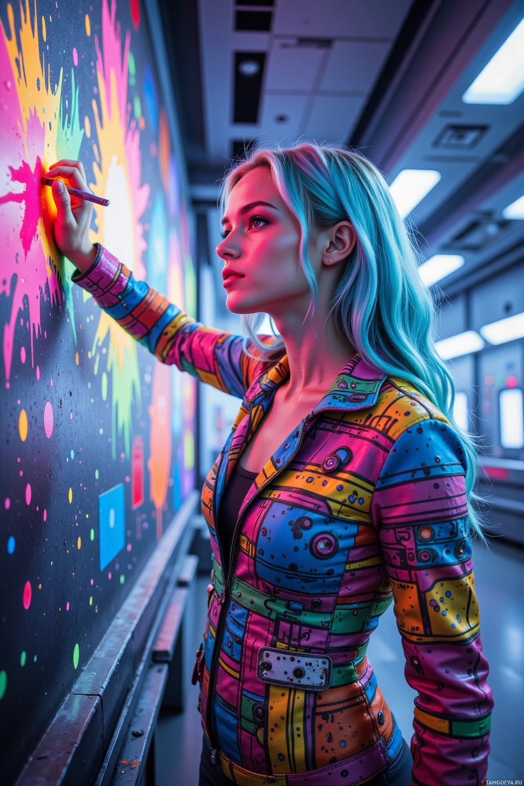 A person with colorful hair and a vibrant jacket is painting a wall with bright colors.