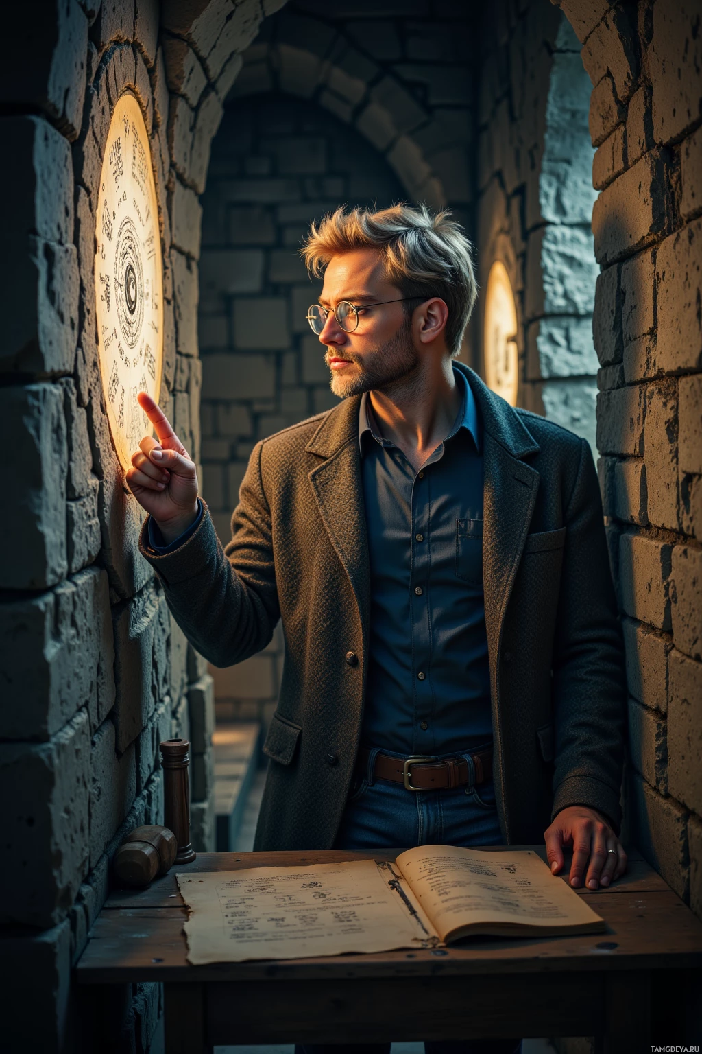 A man in a coat stands by a stone wall, pointing at a circular diagram on the wall.