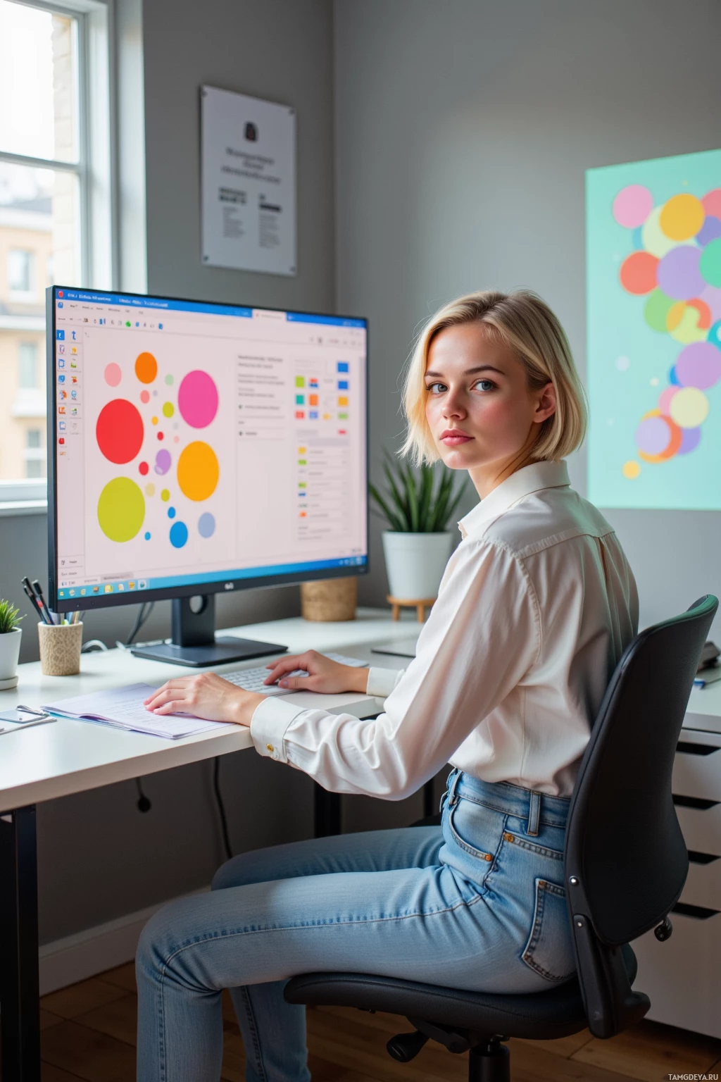 A person is seated at a desk working on a computer in a modern office setting.