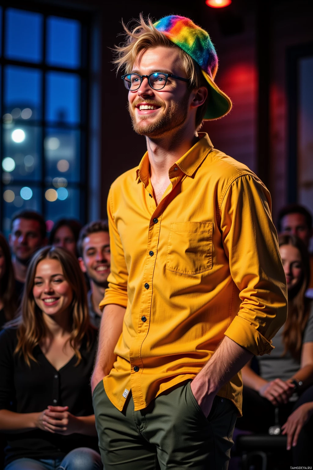 A man in a yellow shirt and colorful hat smiles while standing in front of a group of people.
