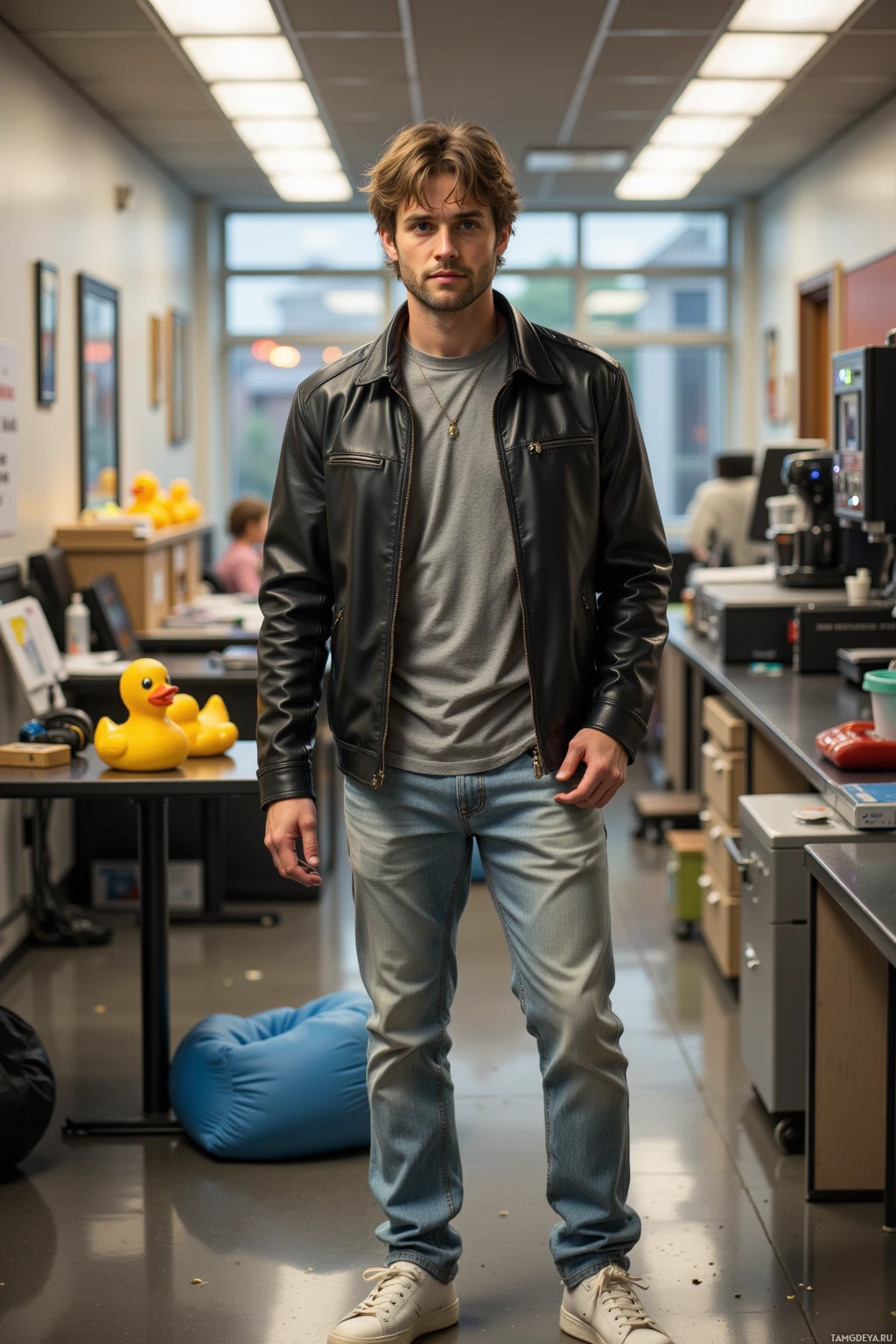 A man stands in an office hallway wearing a leather jacket, gray t-shirt, jeans, and white sneakers.