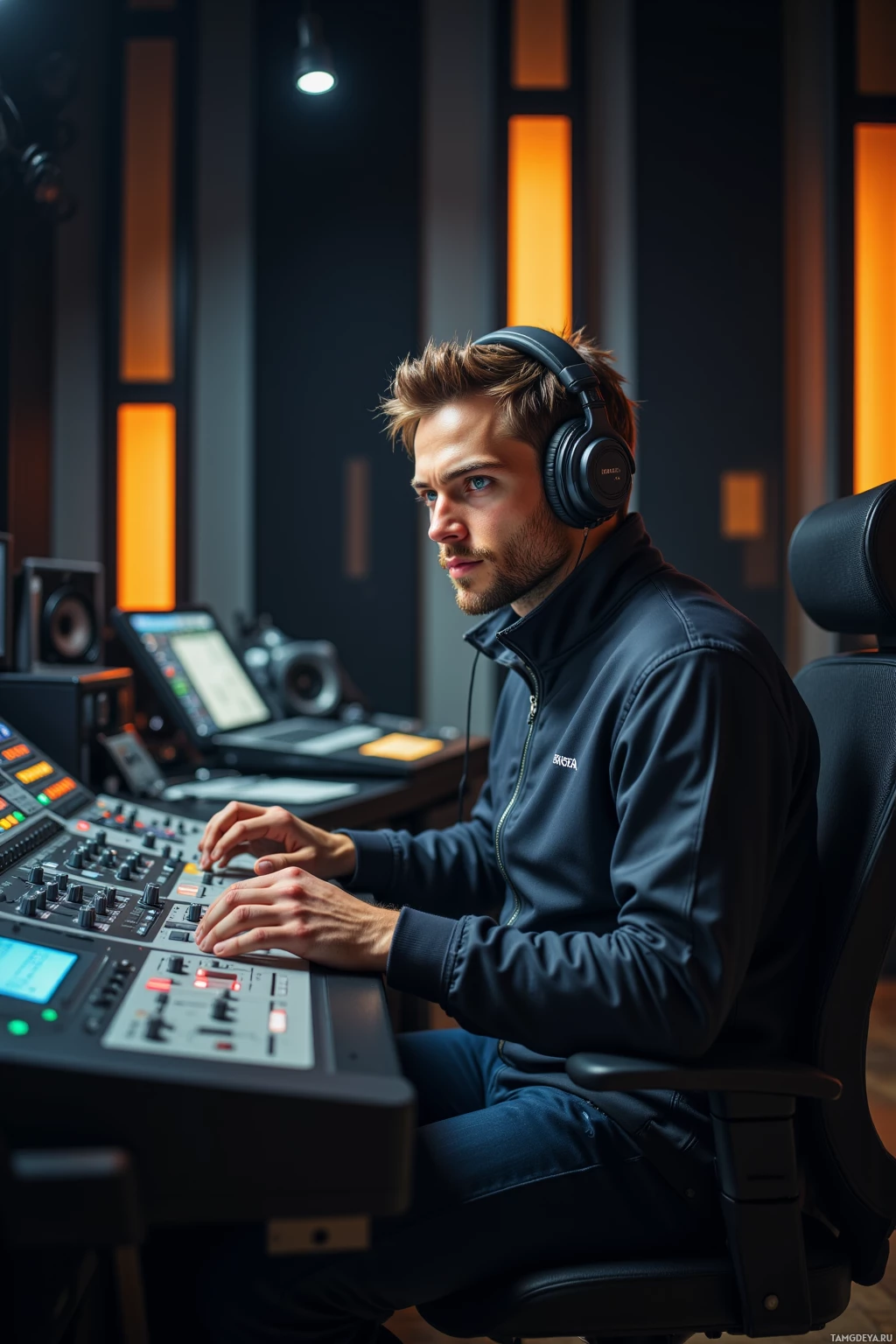 A man wearing headphones sits at a mixing console in a recording studio.