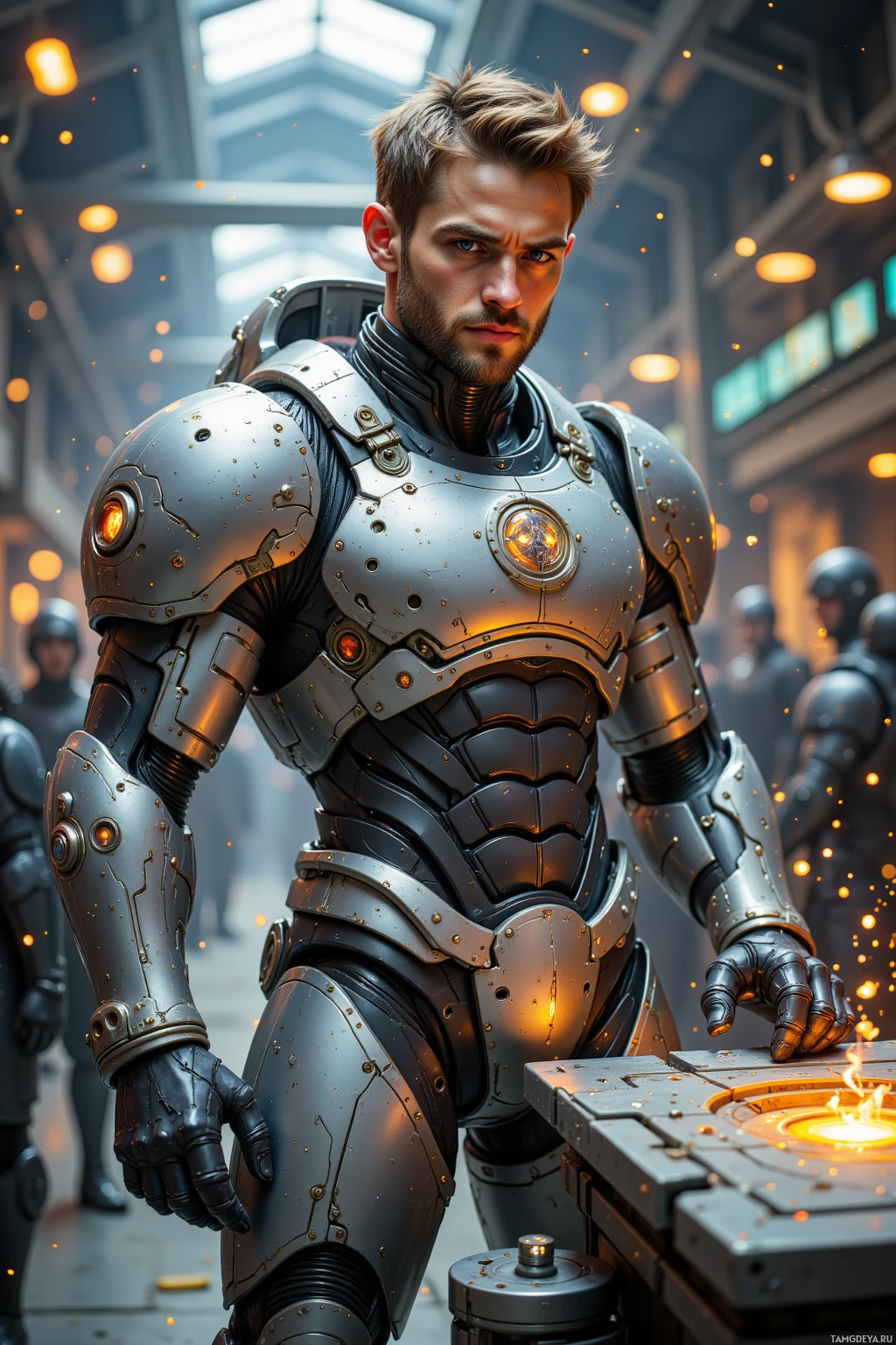 A person in futuristic metallic armor stands in a high-tech environment.