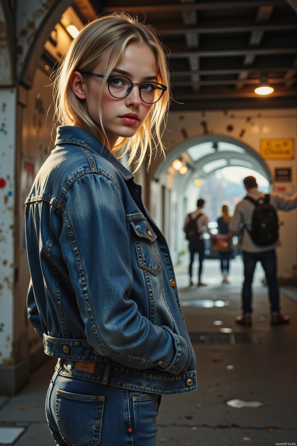 A person wearing a denim jacket and jeans stands in a well-lit corridor with other people in the background.