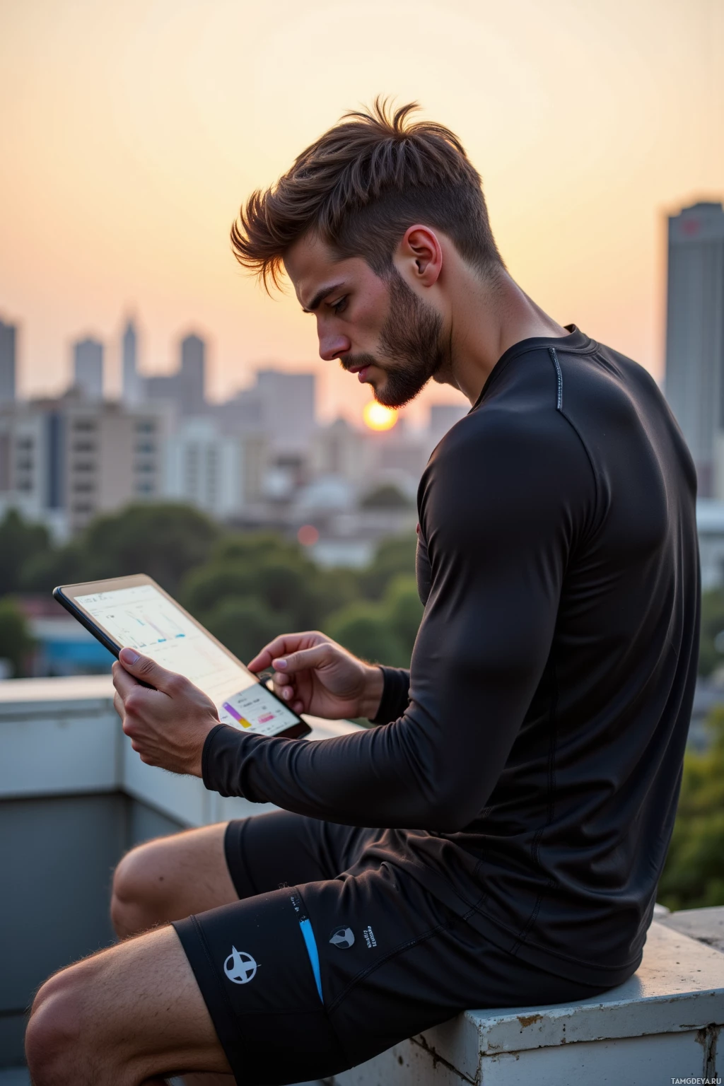 A man in athletic attire sits on a ledge, using a tablet with a cityscape and sunset in the background.