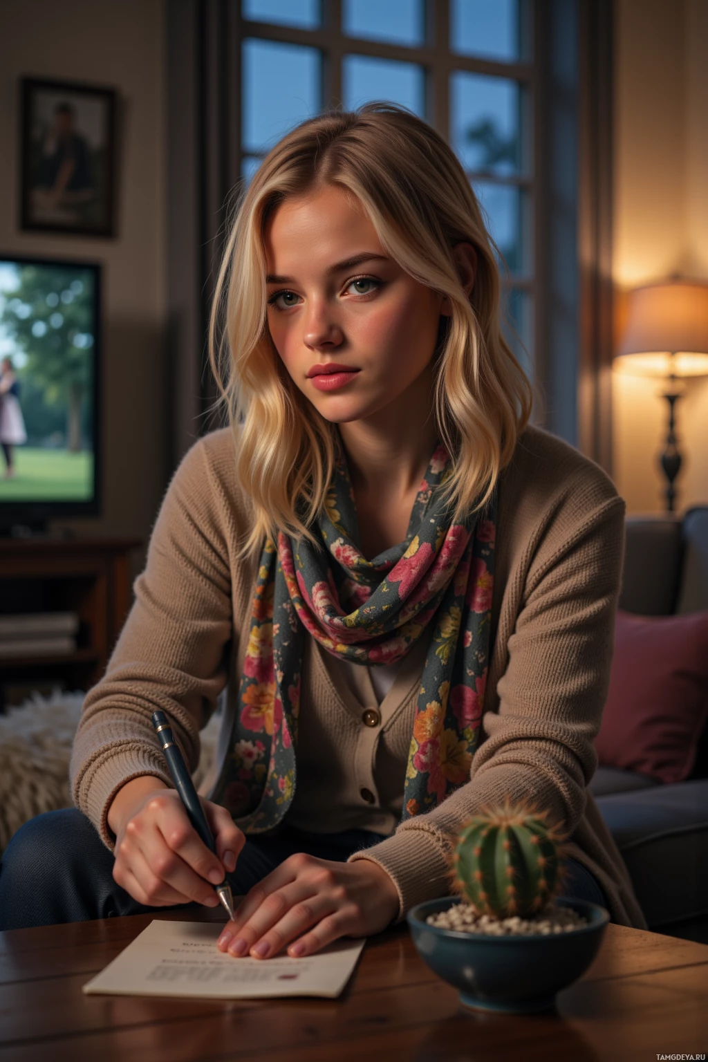 A woman sits at a table, writing on a piece of paper with a pen.