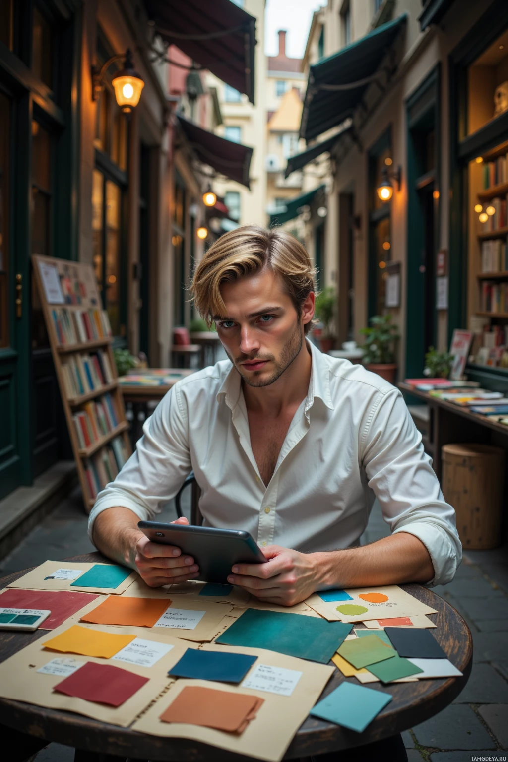 A man sits at a table in a narrow alleyway, holding a tablet and surrounded by color swatches.