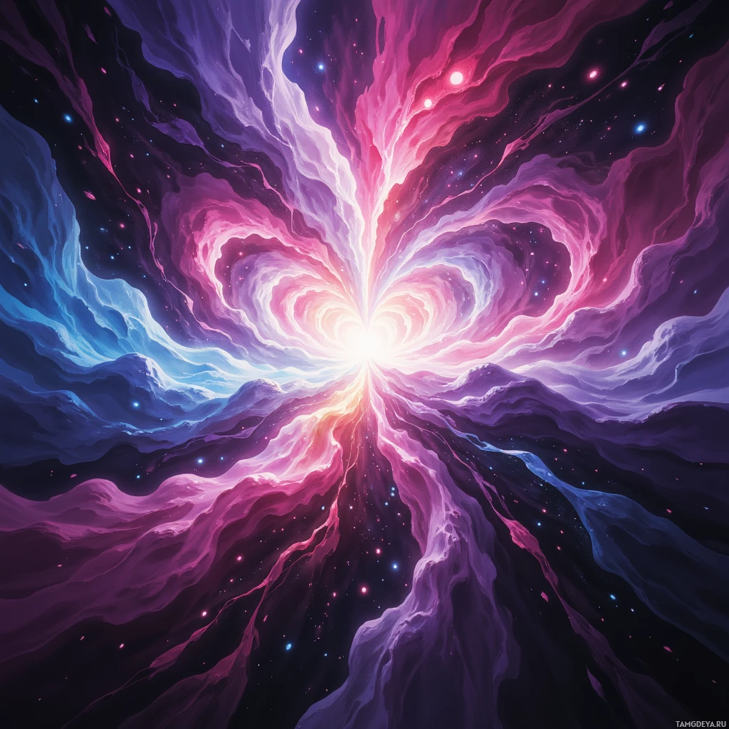 A vibrant cosmic scene with swirling nebulae and starlight.