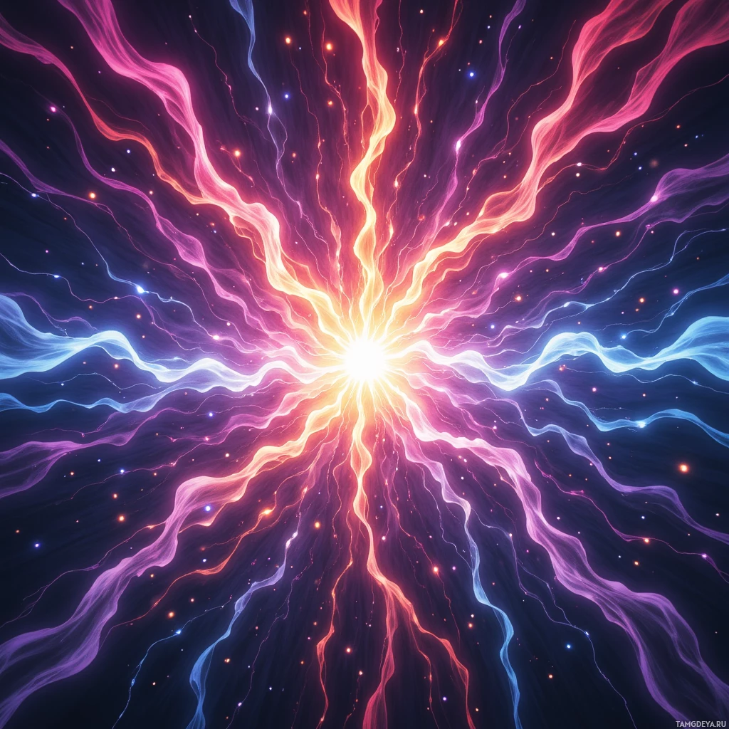 A vibrant, abstract burst of light with swirling lines and glowing particles.