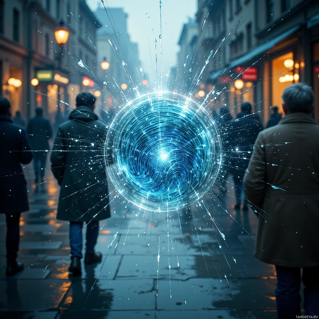 A city street scene with a glowing blue vortex in the foreground.