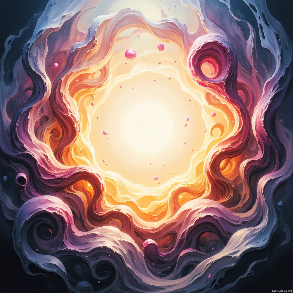 A vibrant, abstract painting featuring swirling patterns and a bright, glowing center.