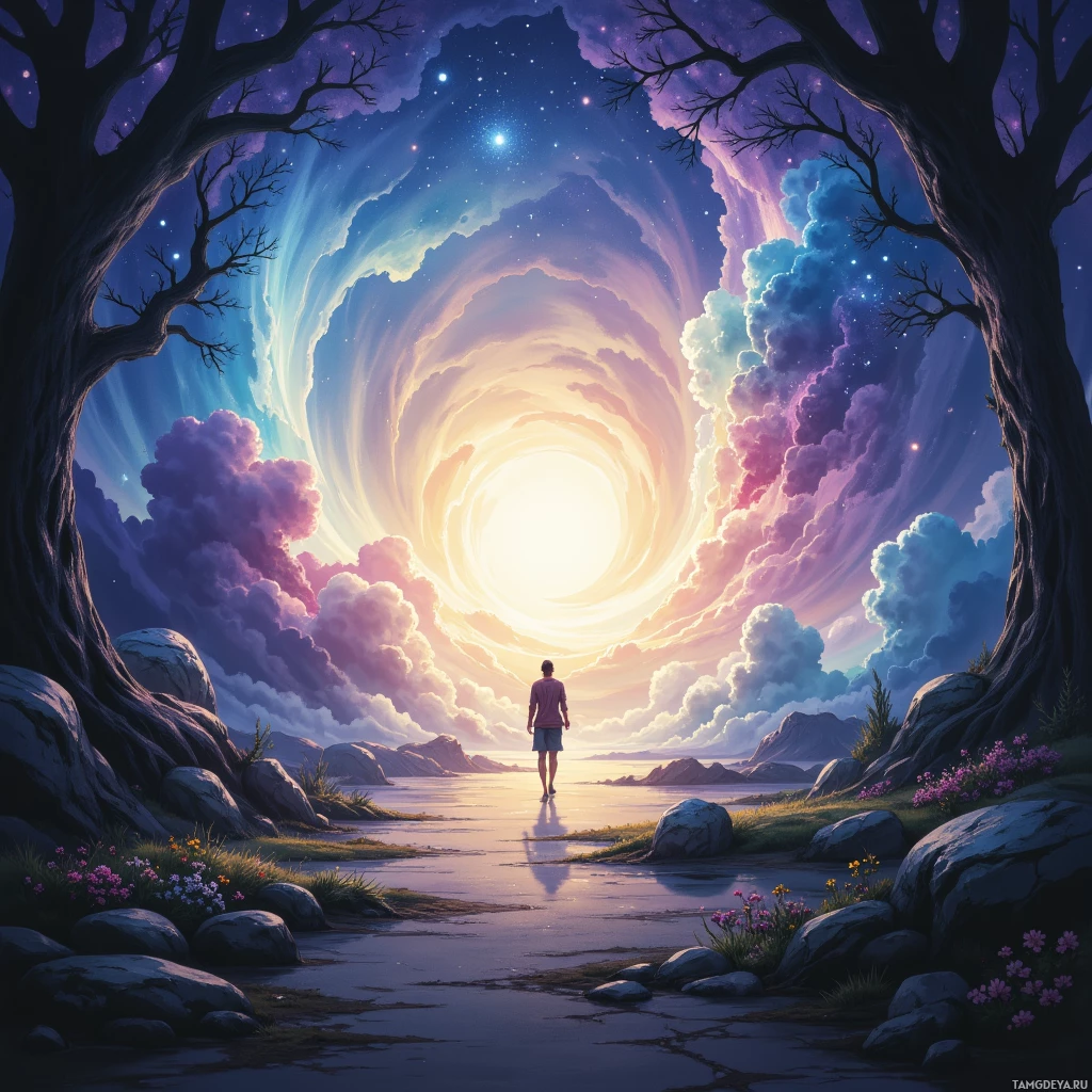 A person stands at the entrance of a mystical, swirling portal under a starry sky.