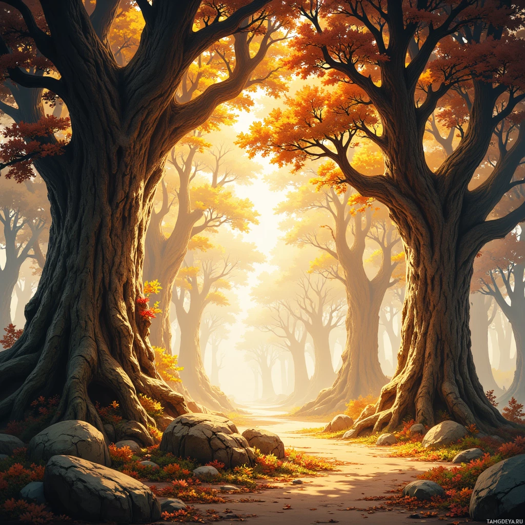 A serene autumn forest with golden sunlight filtering through the trees.