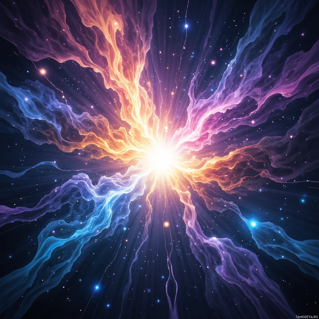 A vibrant cosmic scene with swirling nebulae and starlight.