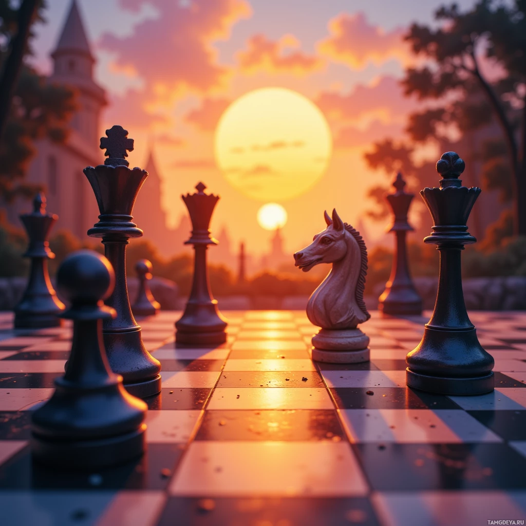 A chessboard with pieces set up against a sunset backdrop.