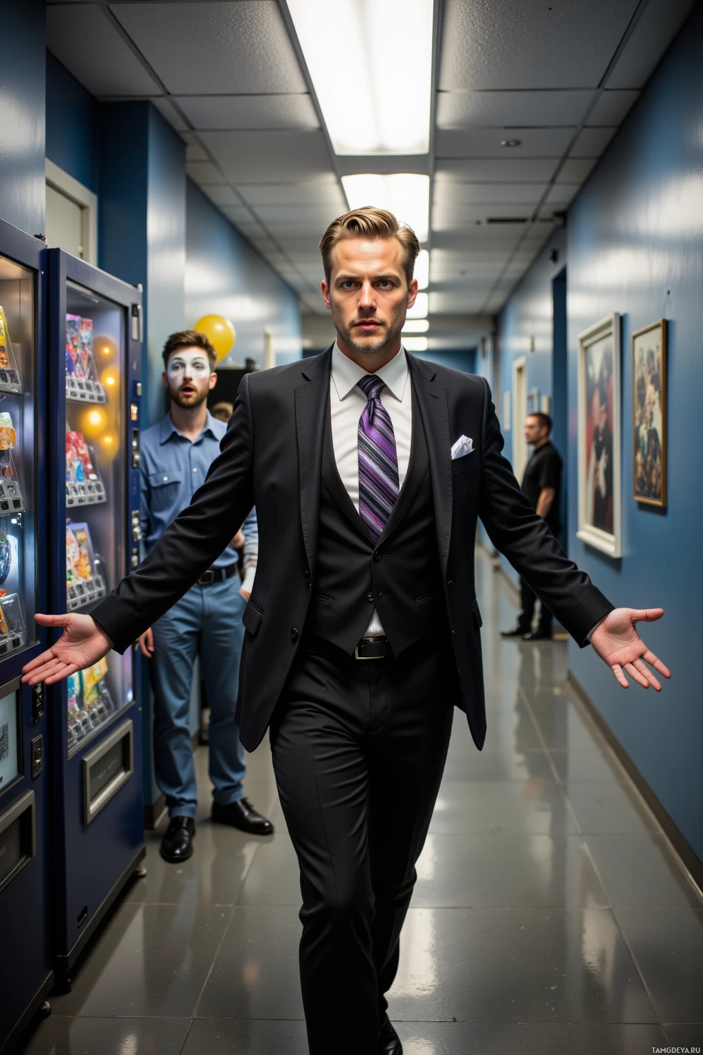 A man in a suit walks down a hallway with a vending machine and another person in the background.