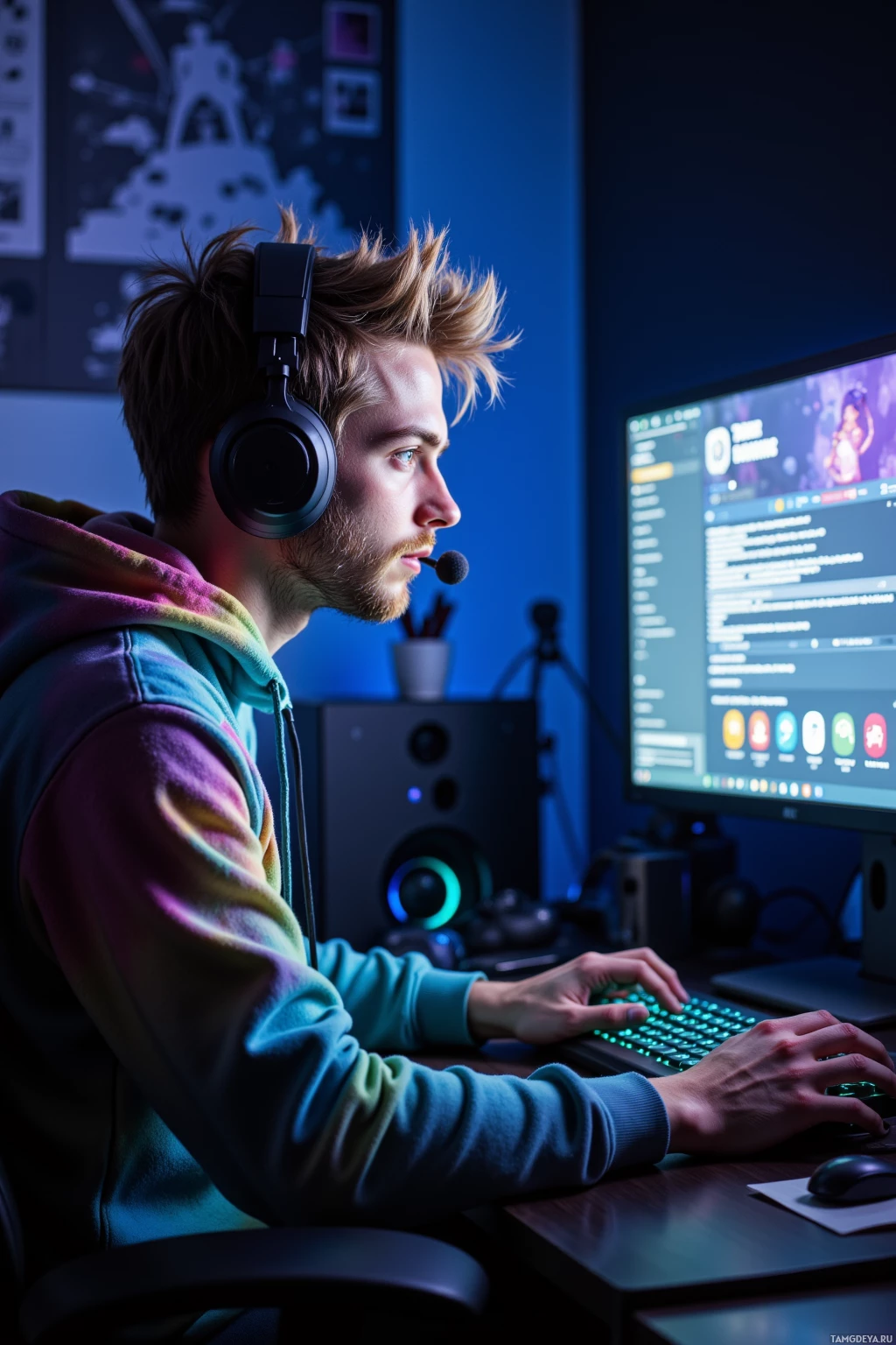 A person wearing headphones is sitting at a desk, working on a computer.