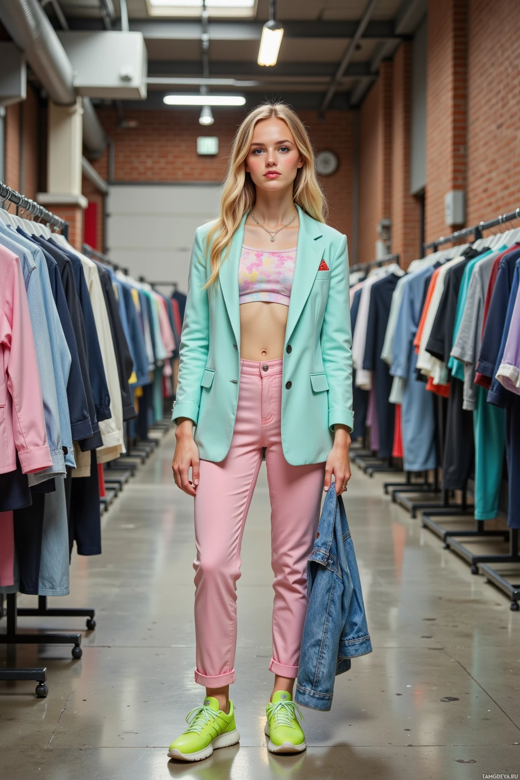 A person stands in a clothing store aisle, wearing a mint green blazer, pink pants, and neon green sneakers.