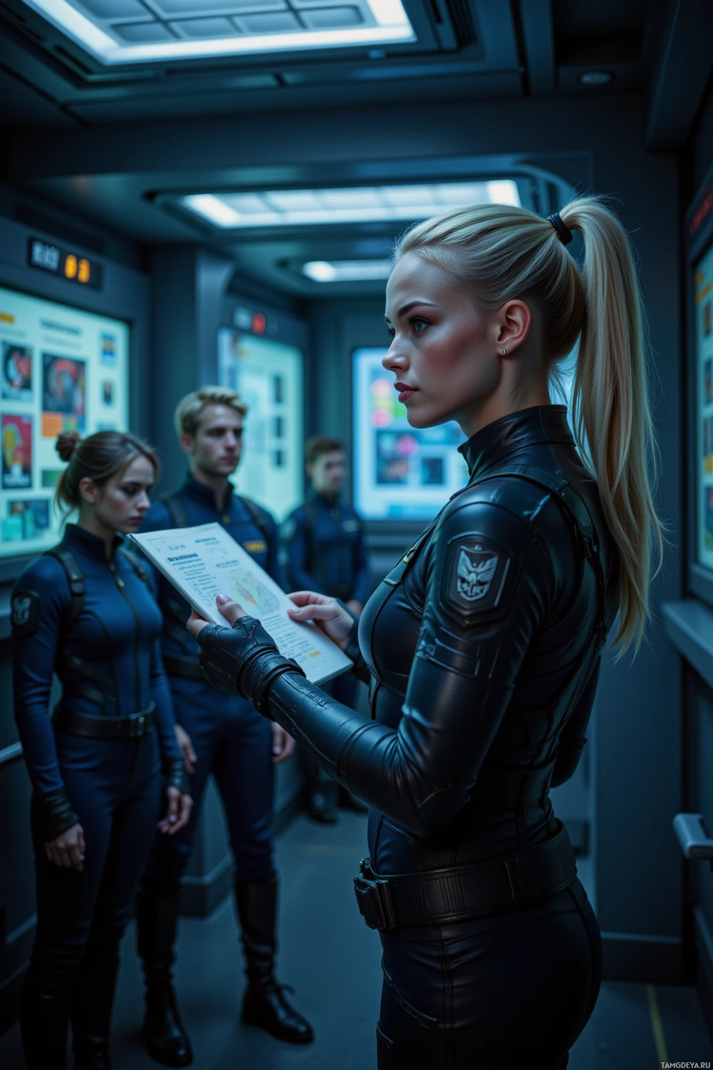 A woman in a futuristic uniform stands in a corridor, holding a document, with two other individuals in the background.