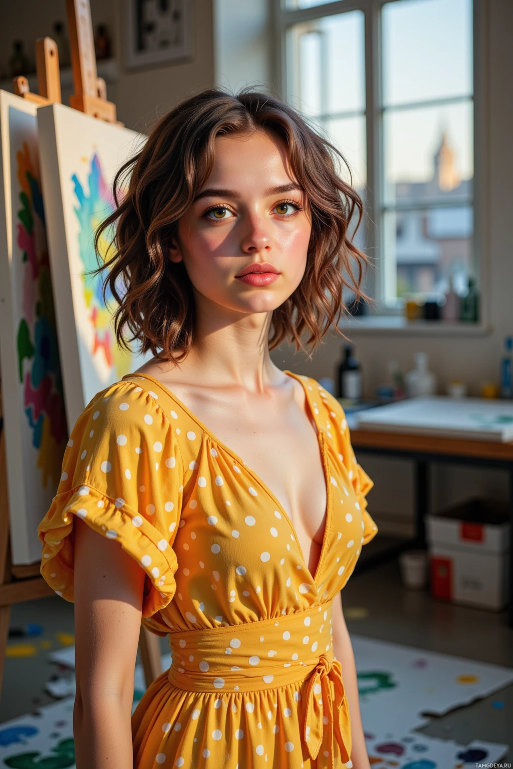 A woman in a yellow polka-dot dress stands in a sunlit room with an easel and artwork.