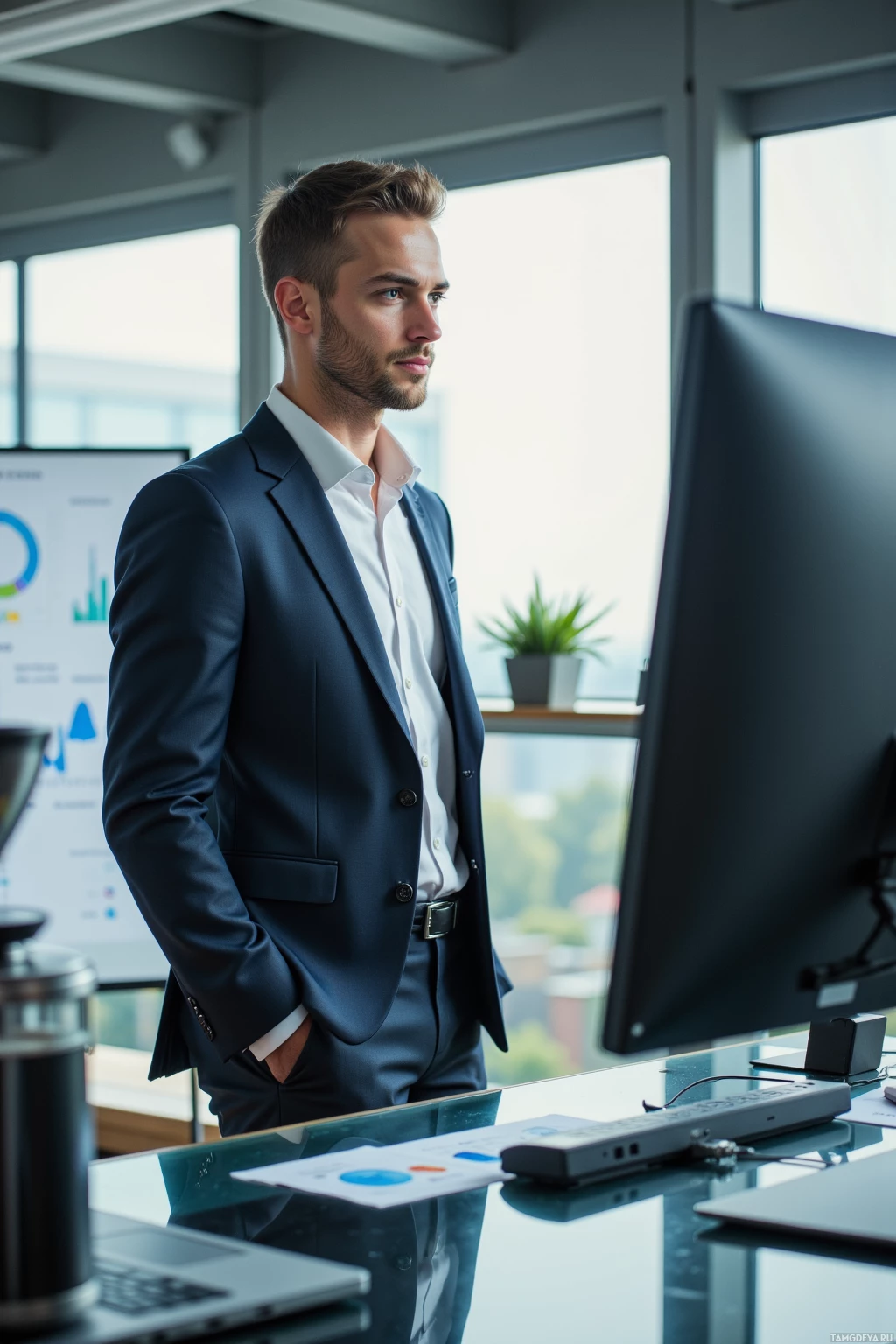 A man in a suit stands in an office, looking at a computer screen.