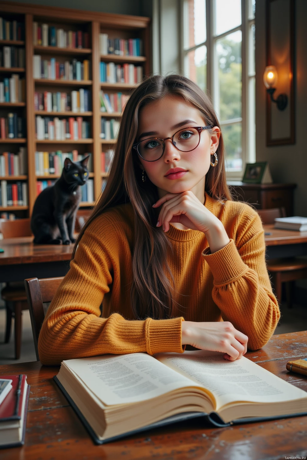 A young woman in a cozy sweater sits at a desk in a library, surrounded by books, with a black cat perched nearby.