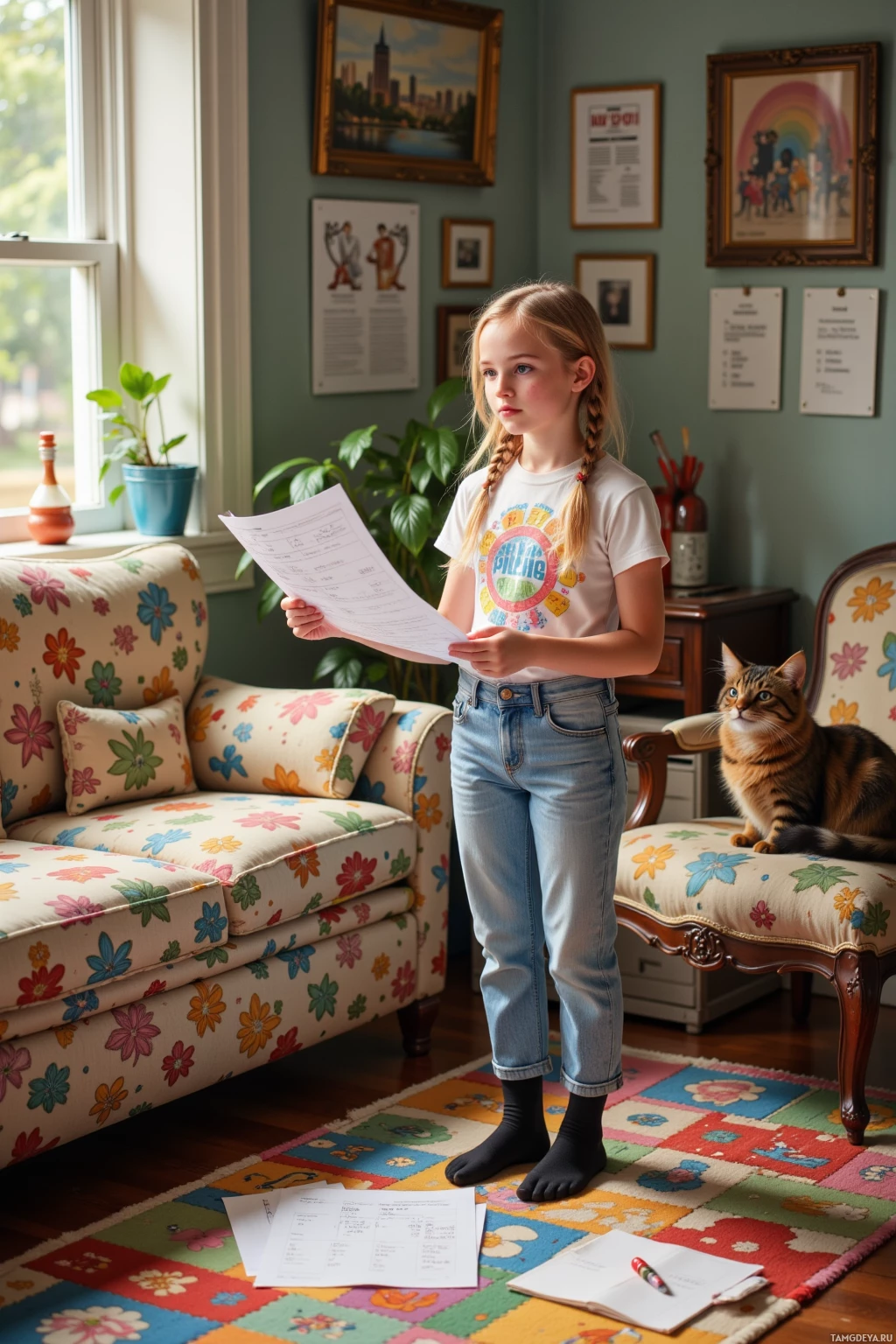 A young girl stands in a cozy room holding papers, with a cat sitting on a floral-patterned chair nearby.