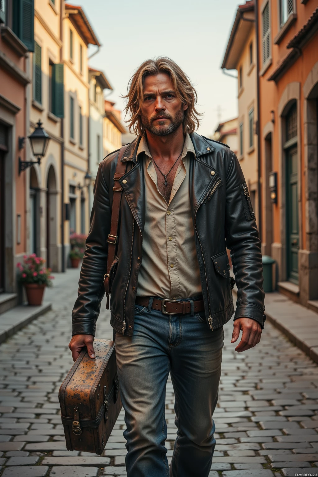 A man in a leather jacket and jeans walks down a cobblestone street carrying a suitcase.