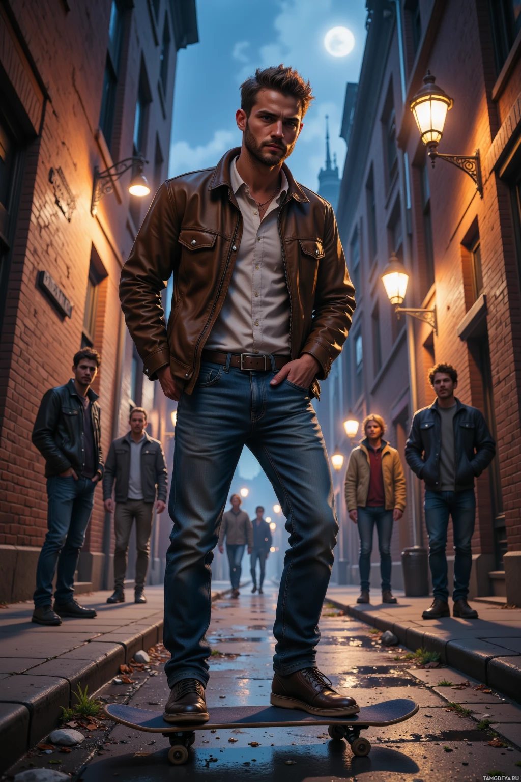 A man stands confidently on a skateboard in a dimly lit alleyway, surrounded by other individuals.