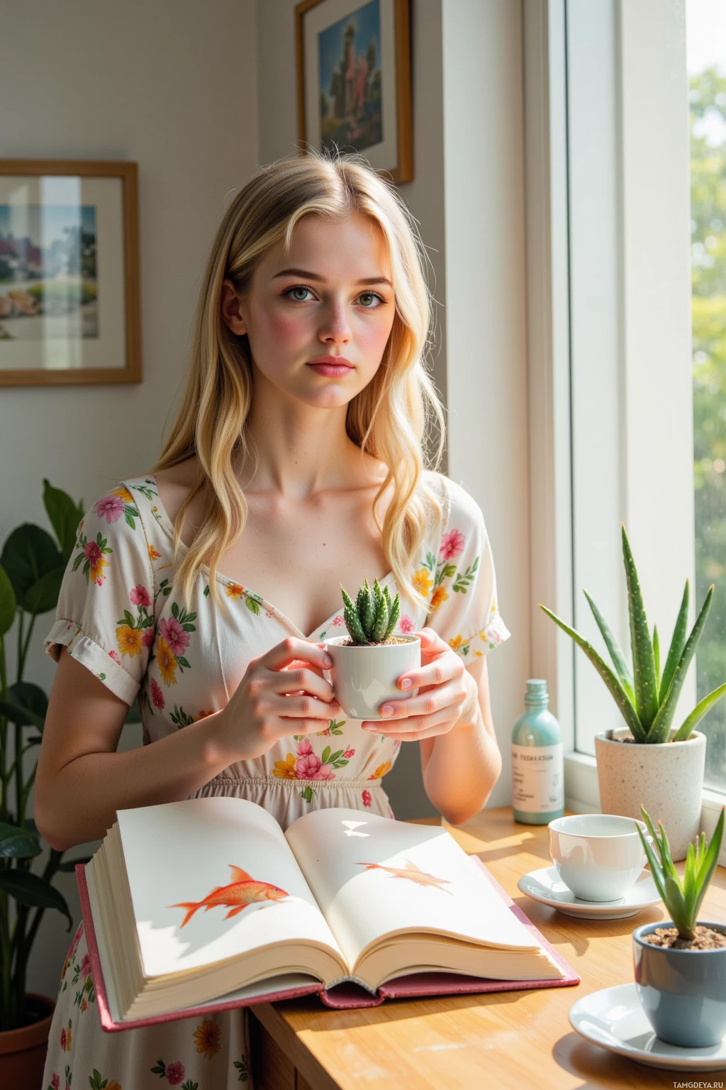 A woman in a floral dress holds a cup and stands near a table with a book and plants.