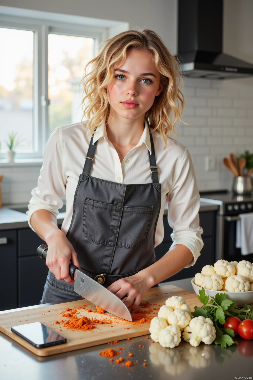 A person in an apron is chopping vegetables in a kitchen.