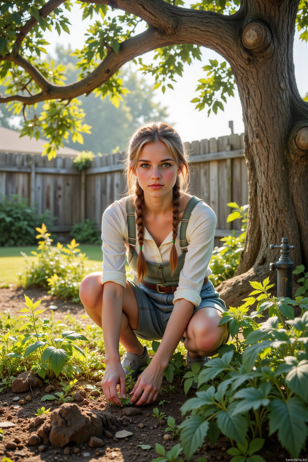 A young woman in a garden, crouching and tending to plants.