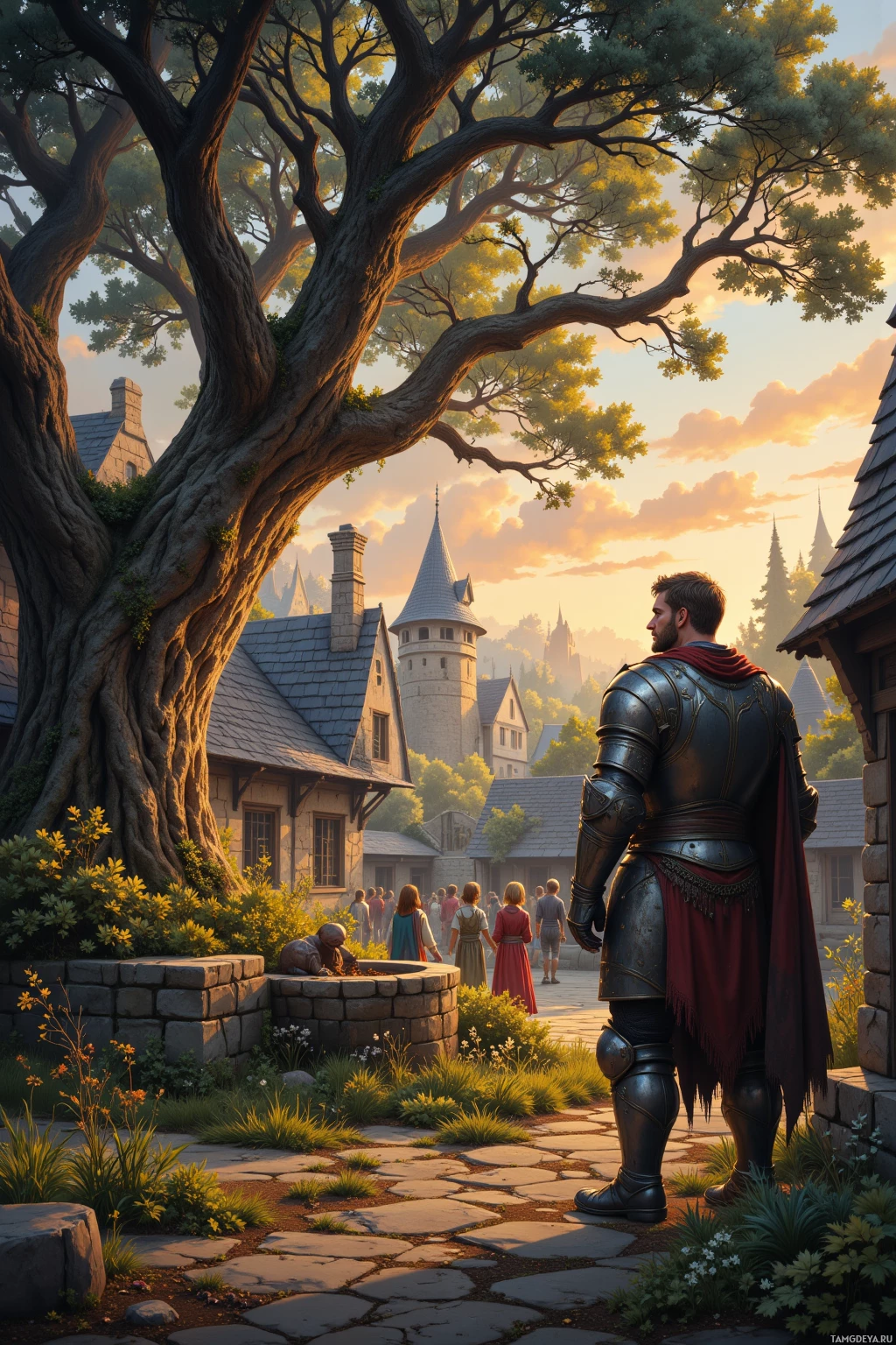 A knight in armor stands in a medieval village at sunset.