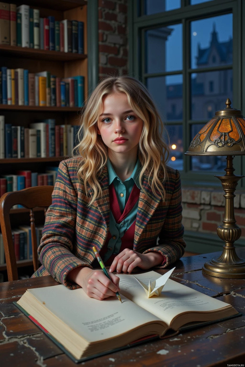 A young person sits at a desk in a library, writing in a book with a pen.