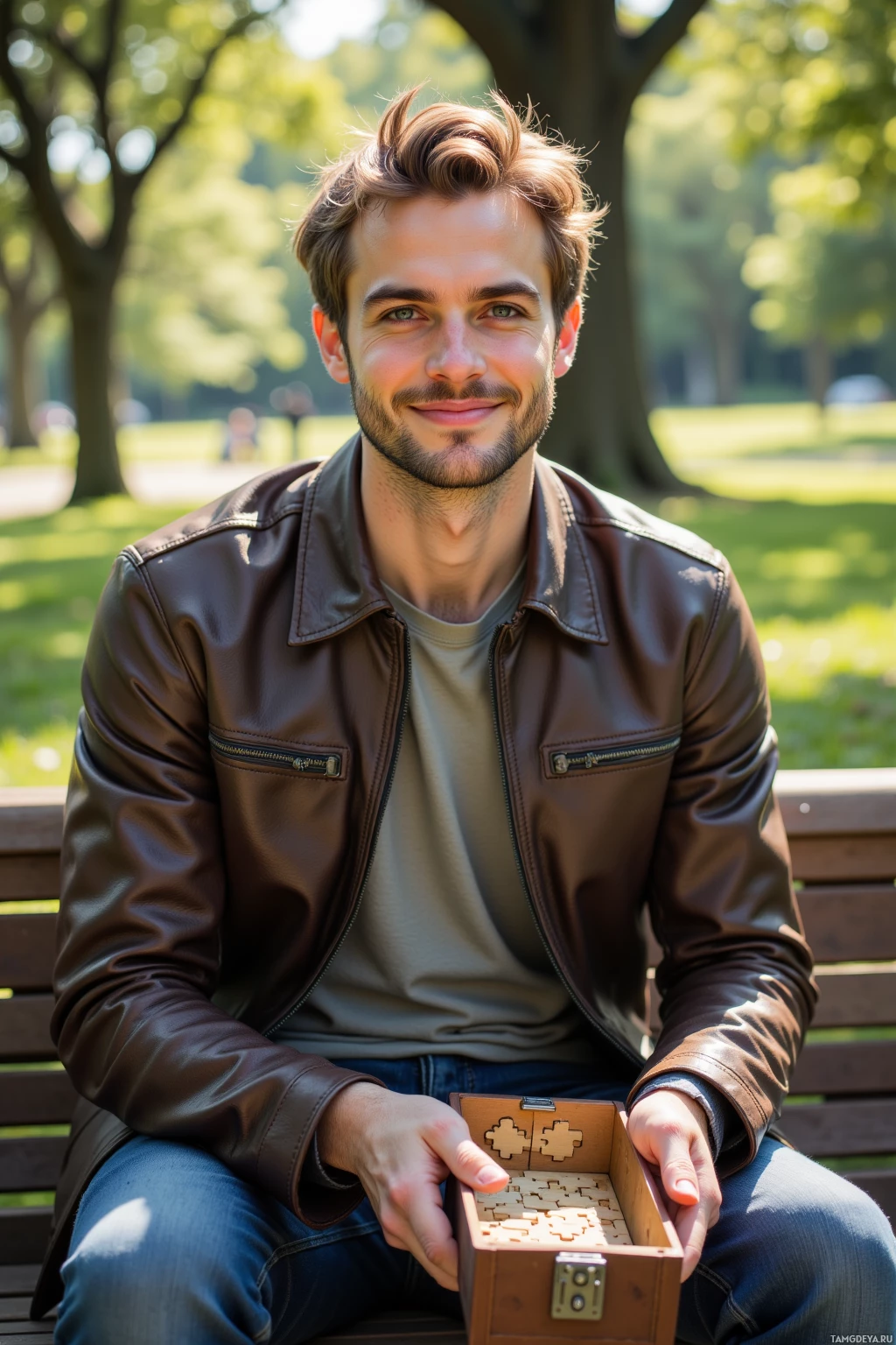 A man in a brown leather jacket sits on a bench in a park, holding a small wooden box.