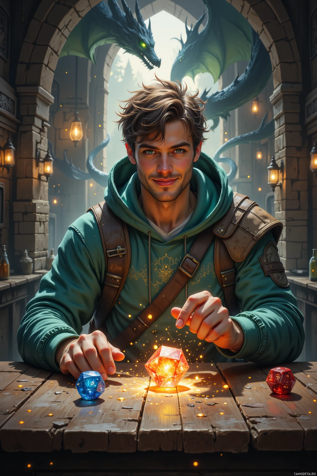 A person in a green hoodie sits at a table with glowing dice, with a dragon in the background.