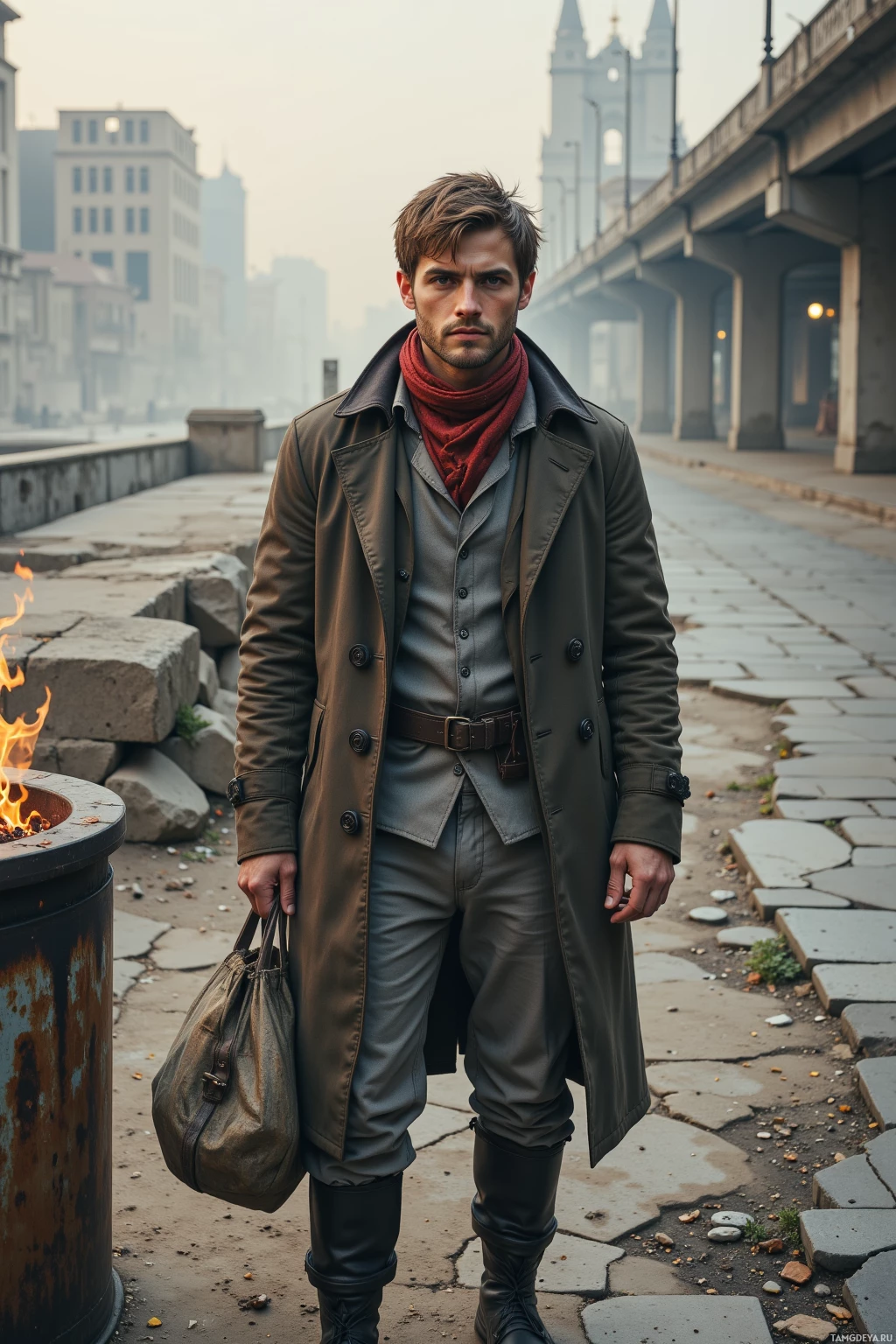 A man in a trench coat and scarf stands on a cobblestone street near a fire pit.