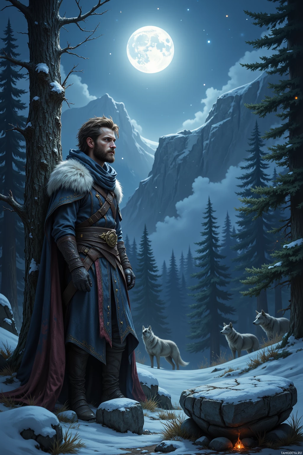 A man in a blue robe stands beside a tree, surrounded by snowy mountains and wolves under a full moon.