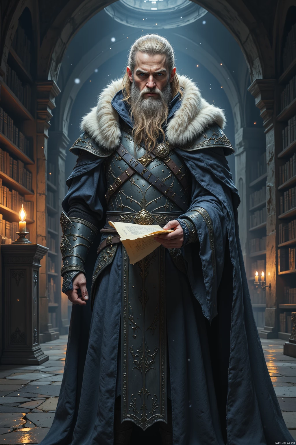 A regal figure in ornate armor and a fur-trimmed cloak stands in a grand library, holding a parchment.