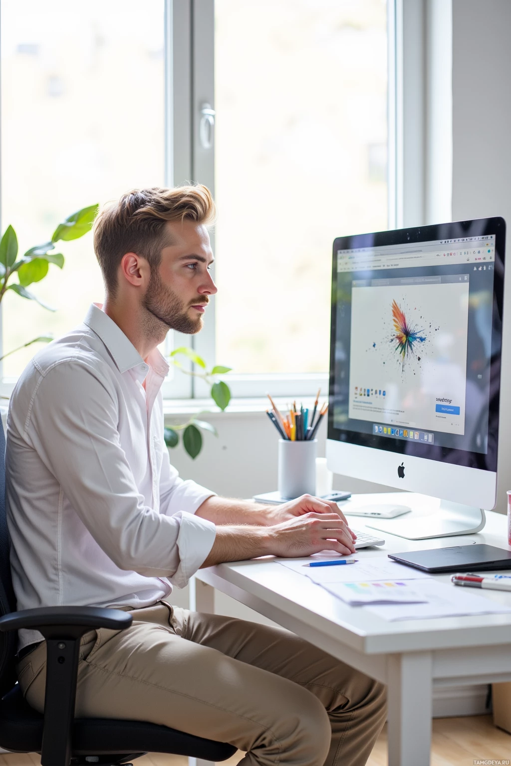 A man sits at a desk in front of a computer, looking at the screen.