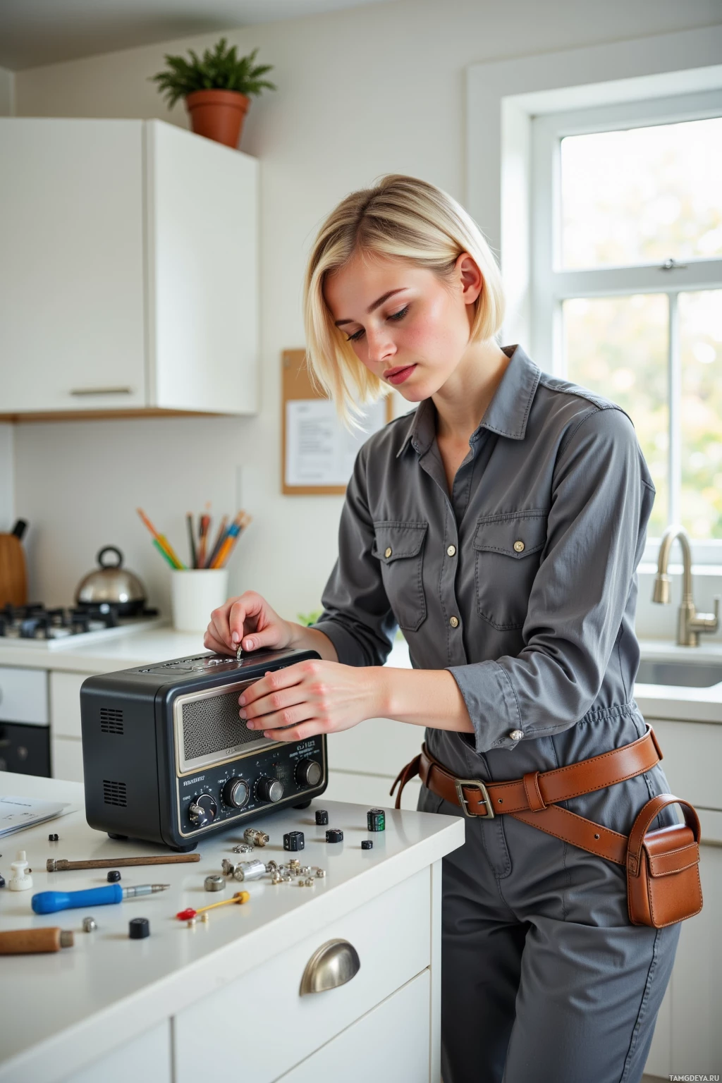 A woman in a utility uniform is working on a radio in a kitchen.