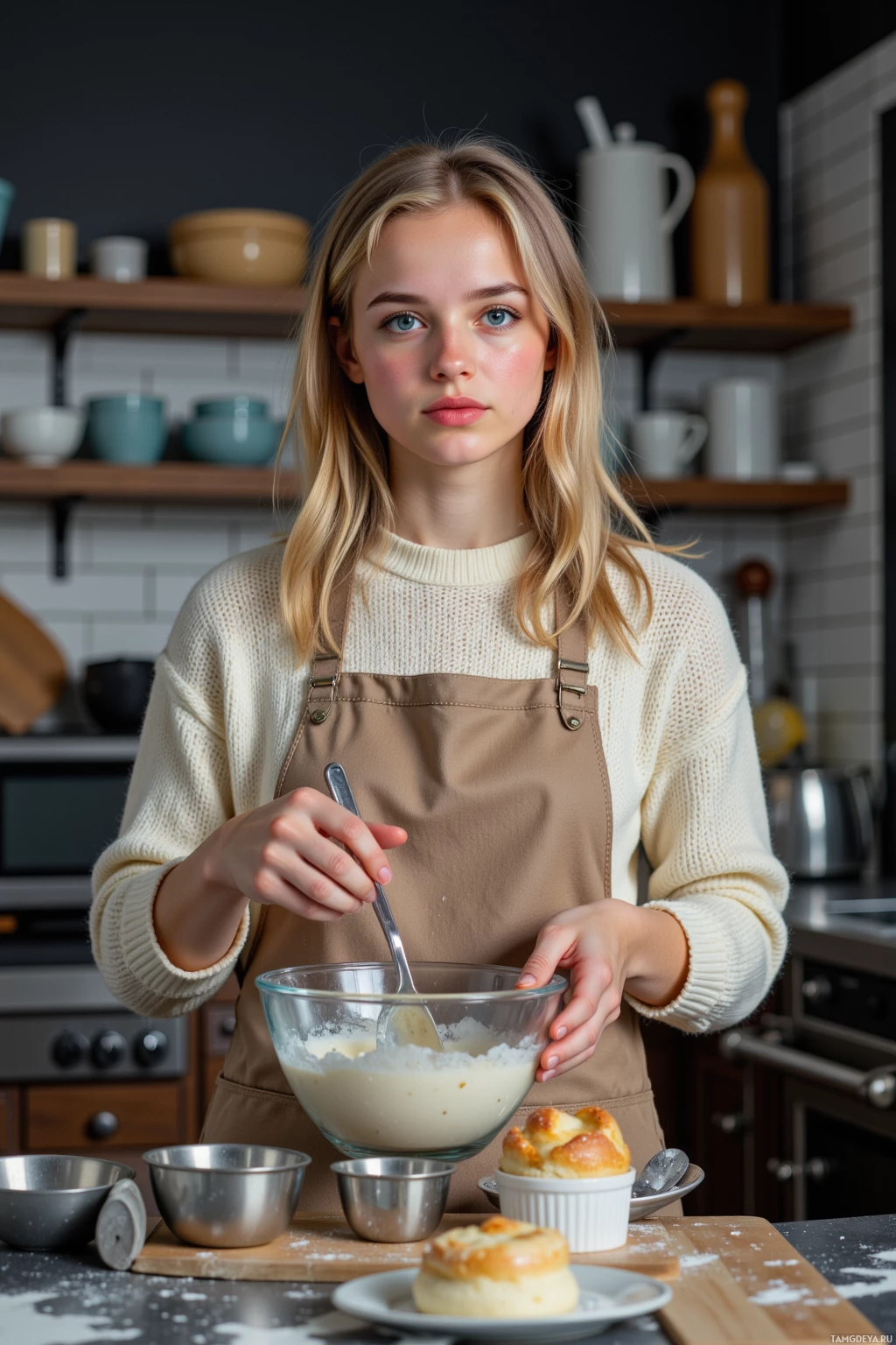 A person wearing an apron is mixing ingredients in a bowl in a kitchen.