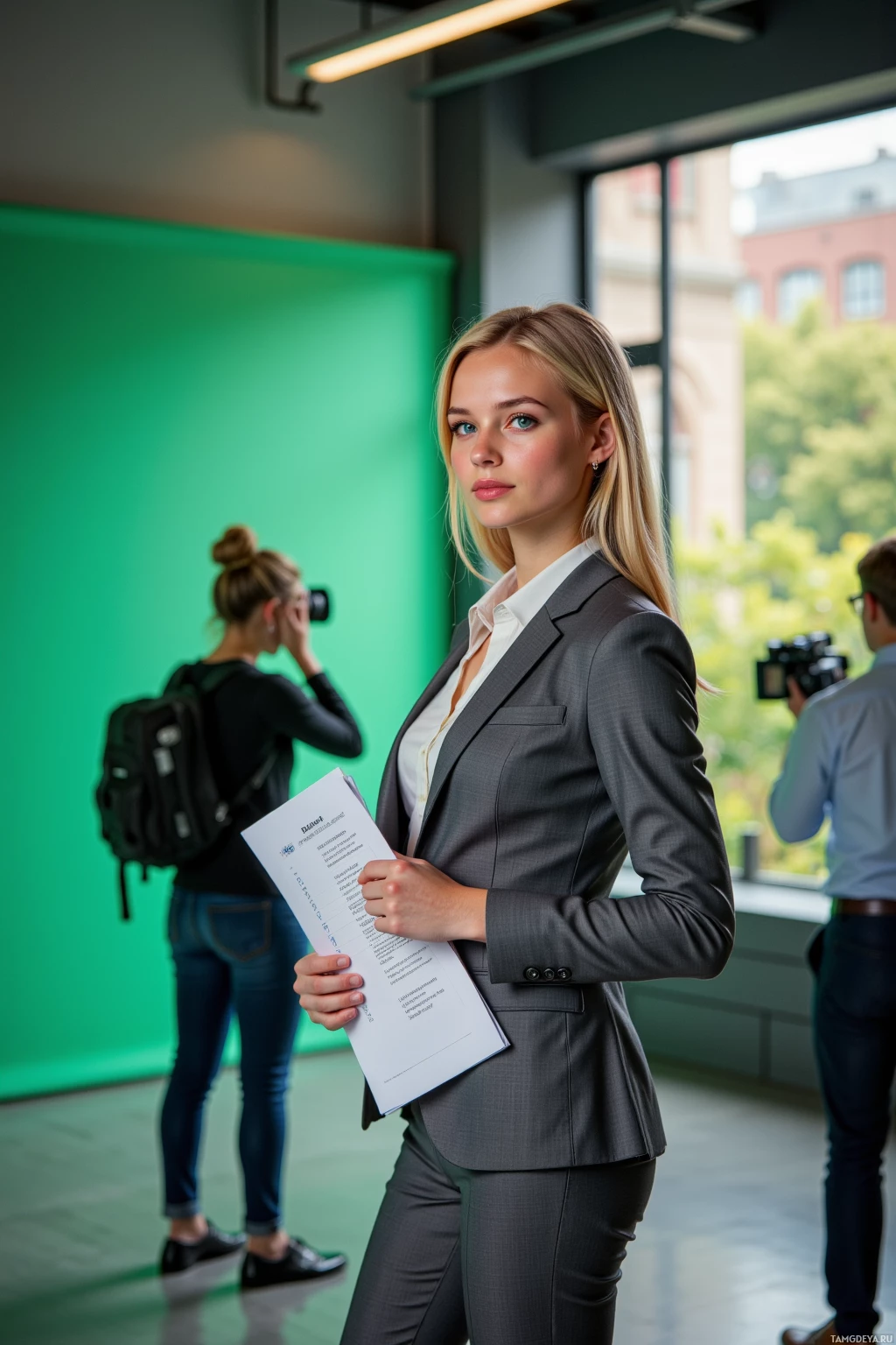 A woman in a professional suit holds a document, standing in an office environment with others in the background.