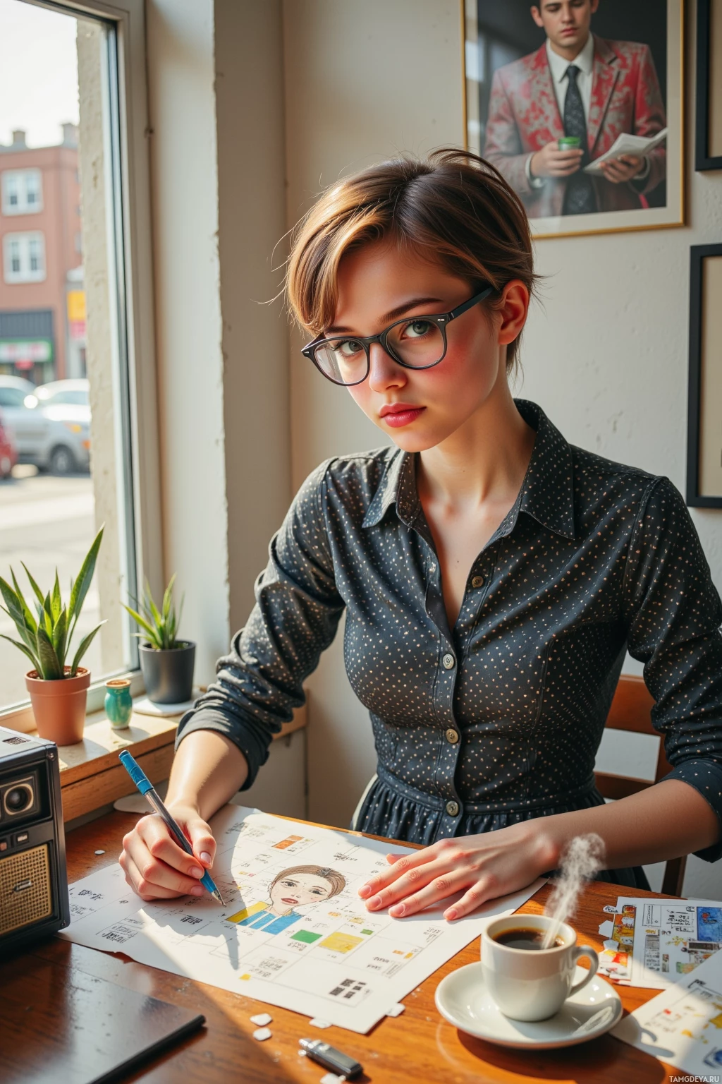A woman wearing glasses is sitting at a table, drawing or sketching with a pen.