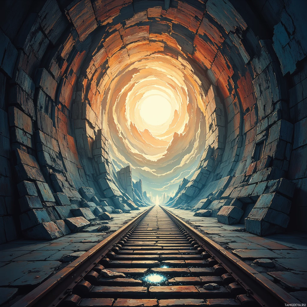A tunnel with a bright light at the end and a railway track leading into it.