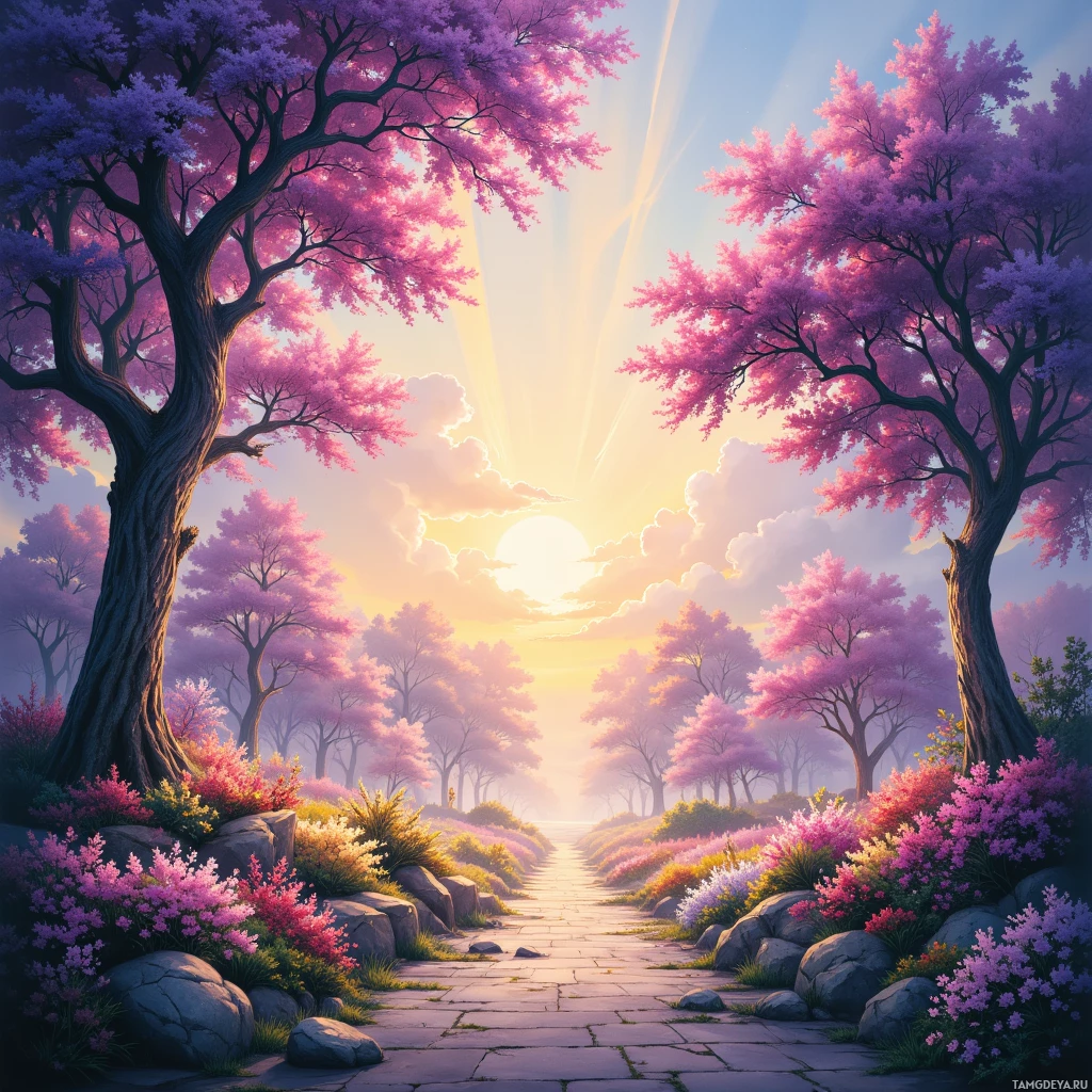 A serene pathway lined with blooming pink trees and vibrant flowers leads towards a bright sunlit horizon.