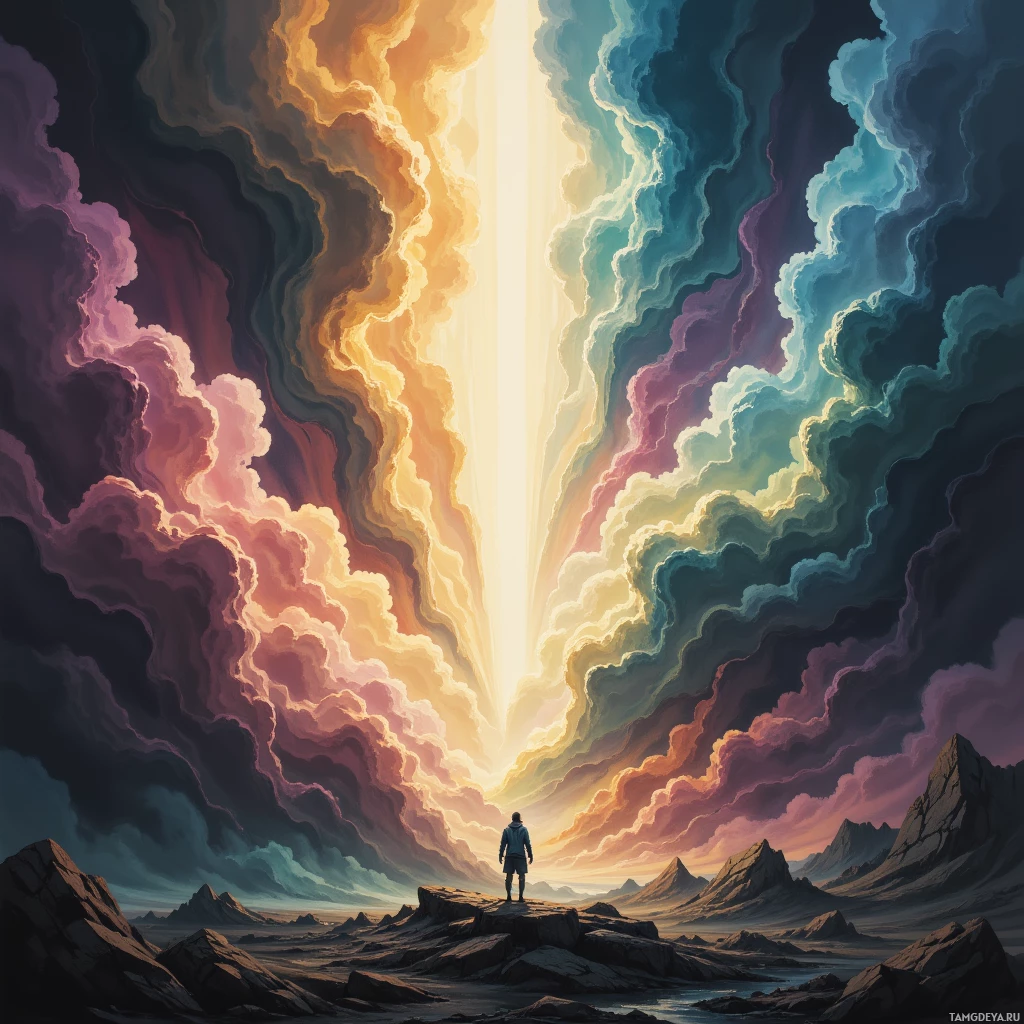 A lone figure stands atop a rocky outcrop, gazing at a vibrant, ethereal sky with swirling clouds and a radiant light beam.