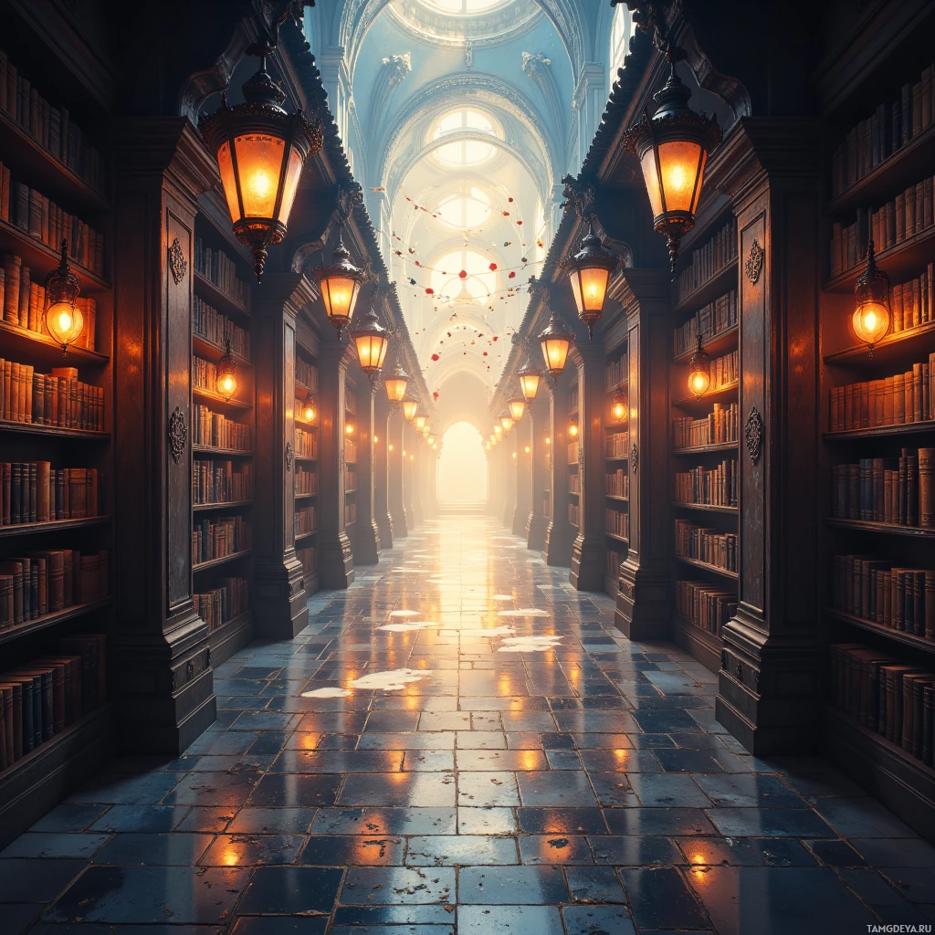 A grand library with tall bookshelves, hanging lanterns, and a bright light at the end of the aisle.